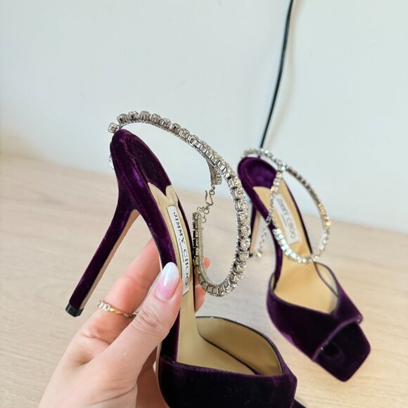 Jimmy Choo Saeda 100 Sandals Dark Purple Velvet Crystal Strap Square Toe Sz 40 - Picture 4 of 10